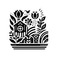 A symmetrical, monochrome folkart illustration of a stylized house nestled within a garden, featuring birds, flowers, and intricate foliage. vector