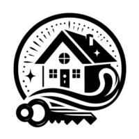 A circular monochrome featuring a stylized house with key, representing real estate, ownership, and security, surrounded by decorative elements. vector