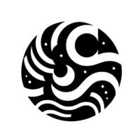 Black and white abstract celestial within a circular frame, featuring moon, stars, and a dynamic wavelike pattern. vector