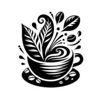 Stylized Black and White Coffee Cup Illustration with Leaves and Coffee Beans, Modern Art, Minimalist . vector