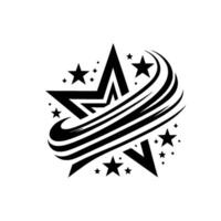 Bold Black and White Emblem Overlapping stars, starburst arcs, and multiple stars create a dynamic illustration on a white backdrop. vector
