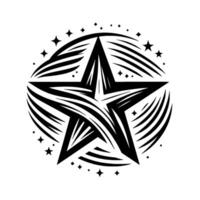 Bold Black and White Artistic of a Star with Swirls and Surrounding Small Stars on a White Background vector