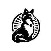 A sleek black and white dog with an emblem, the dog is posed sitting, looking left, with a stylized circular background. vector