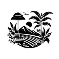 Tropical scene in a style. Featuring a mountain, tractor, palm tree, umbrella, and sun, surrounded by foliage, with birds in the sky. vector