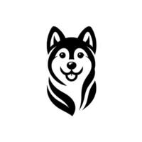 A cheerful husky dog , rendered in a monochrome palette with stylized fur, highlighting a friendly, smiling expression against a crisp white background. vector