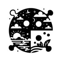 Abstract Black White Circular Divided into Four Quadrants, Depicting Day Night, Nature Elements, with Celestial Bodies and Geometric Forms. vector