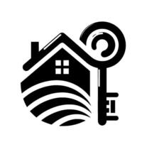 Black and white minimalist featuring a house with a key, symbolizing real estate, homeownership, and security on white background. vector
