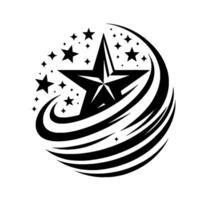 Bold black and white star emblem featuring a central fivepointed star, surrounded by a star cluster and stylized curved lines, all against a white backdrop. vector