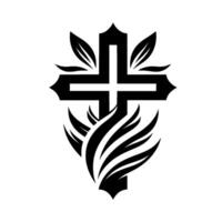 Elegant Black Cross with Leafy Embellishments and Abstract Flames on a White Background, Symbolic . vector