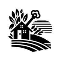 Black and White Stylized House with a Key as Roof, Surrounded by Foliage and Field, a Sunrise in the Background. vector