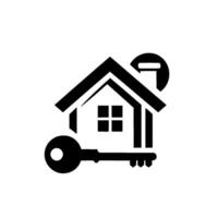 Black and white illustration of a house and key , symbolizing property ownership and real estate. vector