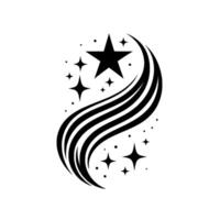 Black and white dynamic starburst featuring a large star with smaller stars and swirling lines on white background. vector