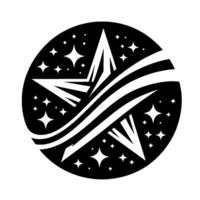 Bold Black and White Illustration of a Starburst Inside a Circle with Twinkling Stars and Streamer Lines, Clean and Modern vector