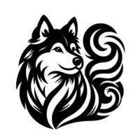 Black and White Artistic Illustration of a Smiling Husky Dog with a Swirling, Curly Tail on White Background. vector