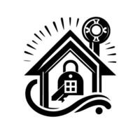 Symbolic Black and White House with Key and Lock, Representing Home Security and Safety, Featuring a Modern, Minimalist . vector