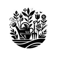 Black and white circular illustration of gardening tools, watering can, flowers, plants, and birds arranged in a stylized composition. vector