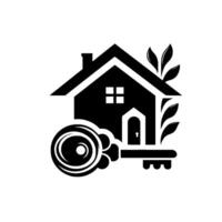 Black and white stylized of a house combined with a key and leafy elements, representing homeownership and security. vector