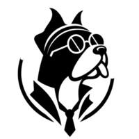 A distinguished black and white dog portrait, dapper in a suit and round glasses, exuding a clever and sophisticated demeanor, set in a circular frame. vector