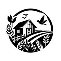 Black and White Farm Scene within a Circle Barn, Fields, Birds, and Foliage in a Rustic, Symbolic . vector