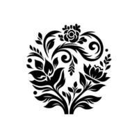 Intricate Circular Floral Black and White Arrangement of Flowers, Leaves, and Scrolls, Isolated on White. vector