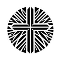 Black and White Symbolic Cruciform Encircled by Stylized Radial Leaves, Geometric and Abstract Composition. vector