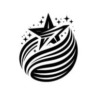 Black and white abstract star emblem with radiant trails, twinkling star elements, and a dynamic, modern . vector