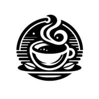 A stylized, black and white coffee cup with steam swirling upwards, contained within a horizontal lined semicircle, and coffee bean accents. vector
