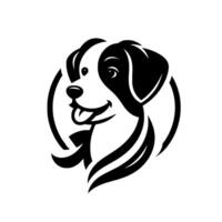 A stylized, minimalist, black and white illustration of a happy, smiling dogs head and shoulders, encircled on a white background. vector