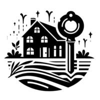 Black and White Illustration of a House with a Key, Depicting Home Ownership and Security, Decorative Elements, and Landscape. vector