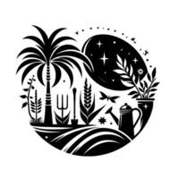 Serene monochrome garden scene within a circular frame, featuring a palm tree, plants, tools, night sky, and a watering can. vector