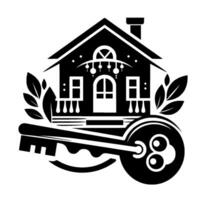 Symbolic Black and White Illustration of a House with a Key, Decorated with Leaves. vector