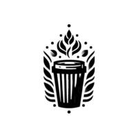 Black and white illustration of a coffee cup with abstract leaves and dots, steam rising upwards in a decorative , symmetrical, on white background. vector