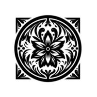 Intricate Black and White Floral Mandala with Square Border, Circular Pattern, Ornamental Details, and Symmetrical Composition. vector