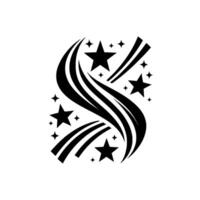 A stylized black and white featuring a swirling S shape formed by textured lines, adorned with stars of varying sizes, set against a stark white background. vector