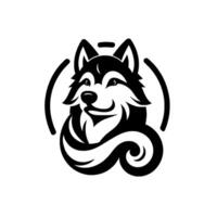 Sleek Black and White Husky with Circular Frame and Swirling Tail, Expressing Canine Charm. vector