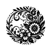 Intricate Black and White Floral Mandala A circular featuring stylized flowers, leaves, and flourishes, creating a harmonious and decorative composition. vector