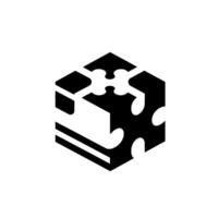 Black and white minimalist of a D cube with jigsaw puzzlelike shapes integrated into its structure, representing interconnectedness. vector