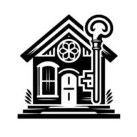 Stylized black and white house emblem with a large key, featuring a decorative circular window and minimalistic architectural details, symbolizing home ownership. vector