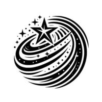 Monochromatic swirling featuring a central fivepointed star amidst radiating arcs and smaller stars, all on a white background. vector