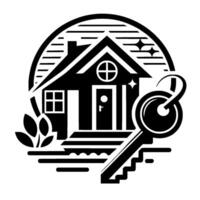 Monochromatic Home Featuring a House, Key, and a Circle Frame, Representing Real Estate and Homeownership. vector