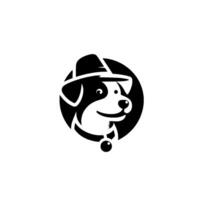 A charming black and white dog wearing a fedora inside a black circle, smiling, with a collar and charm, in a minimalist style. vector