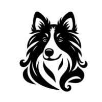 A striking, minimalist black and white illustration featuring a friendly, smiling dog, designed in a bold style with flowing lines. vector