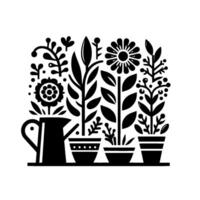 Black and White Illustration of a Collection of Potted Plants and Flowers with a Watering Can, Showcasing Minimalist Aesthetics. vector