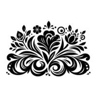 Symmetrical Black Floral Ornament with Swirls, Leaves, and Dots on a White Background. vector