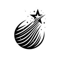 Bold Black and White A shooting star comprised of a central star shooting through a curved array of black lines with scattered stars. vector