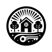 Symbolic Black and White A Home Surrounded by Trees, Sunlight, Sparkling Stars and A Key Inside a Circle. vector