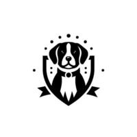 A sleek, monochrome dog emblem, featuring a black and white canine head within a shield, accented by decorative dots and a banner. vector