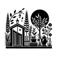 Black and white illustration of a stylized garden scene with a gate, plants, trees, teapot, and decorative elements. vector