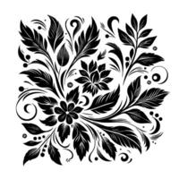 Intricate Black Floral Pattern with Leaves, Swirls, and a Symmetrical Composition on a White Background. vector
