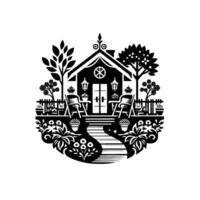 Whimsical Garden Retreat Black and White Illustration of a Charming Cottage with a Floral Pathway, Fenced Yard, Trees and Decorative Elements, Exuding Tranquility. vector